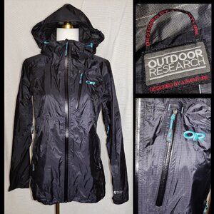 Outdoor Research | Womens hooded rain jacket with pockets and zippered air vents